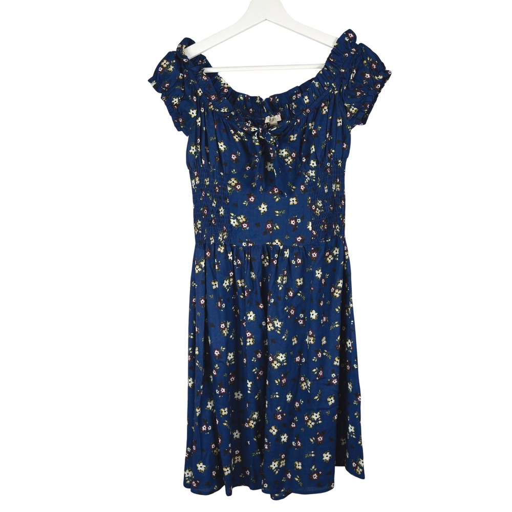 Rebellion Floral Mini Dress Womens Small Blue Good Smocked Off Shoulder Boho